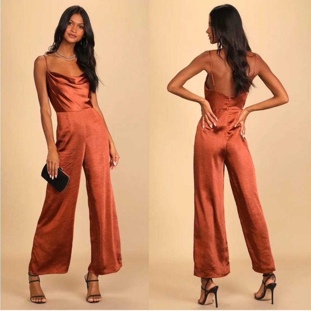 LUSH Brown Satin Cowl Neck Jumpsuit - Size Medium